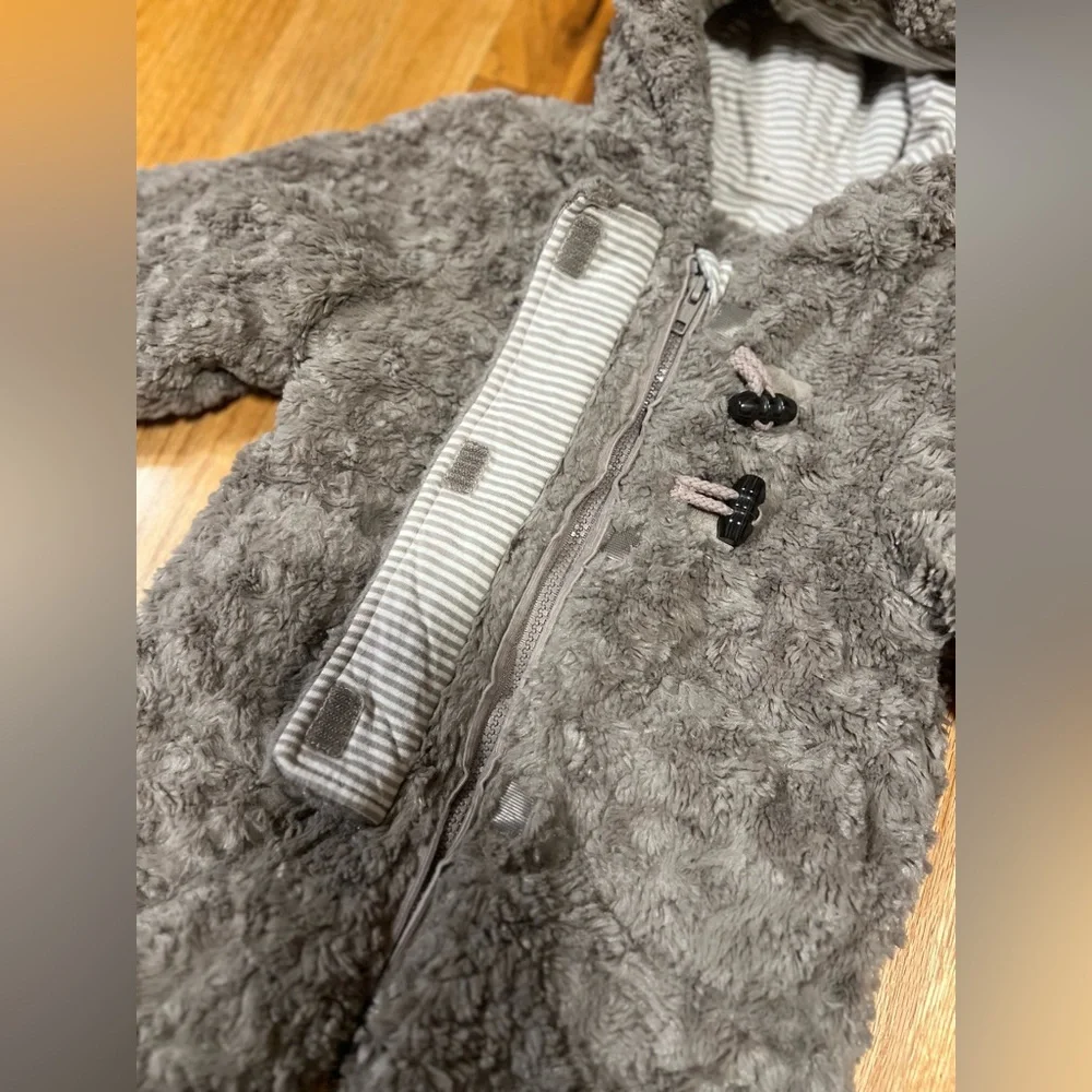 John Lewis UK Plush Bear Ears Hooded Pram Suit One Piece Gray Taupe 3-6 Months